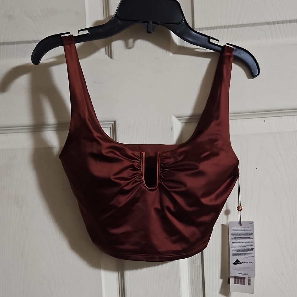 CALIA Women's U-Bar Long Line Bikini Swim Top:RED BROWN SHINE: NEW WITH TAGS: XS